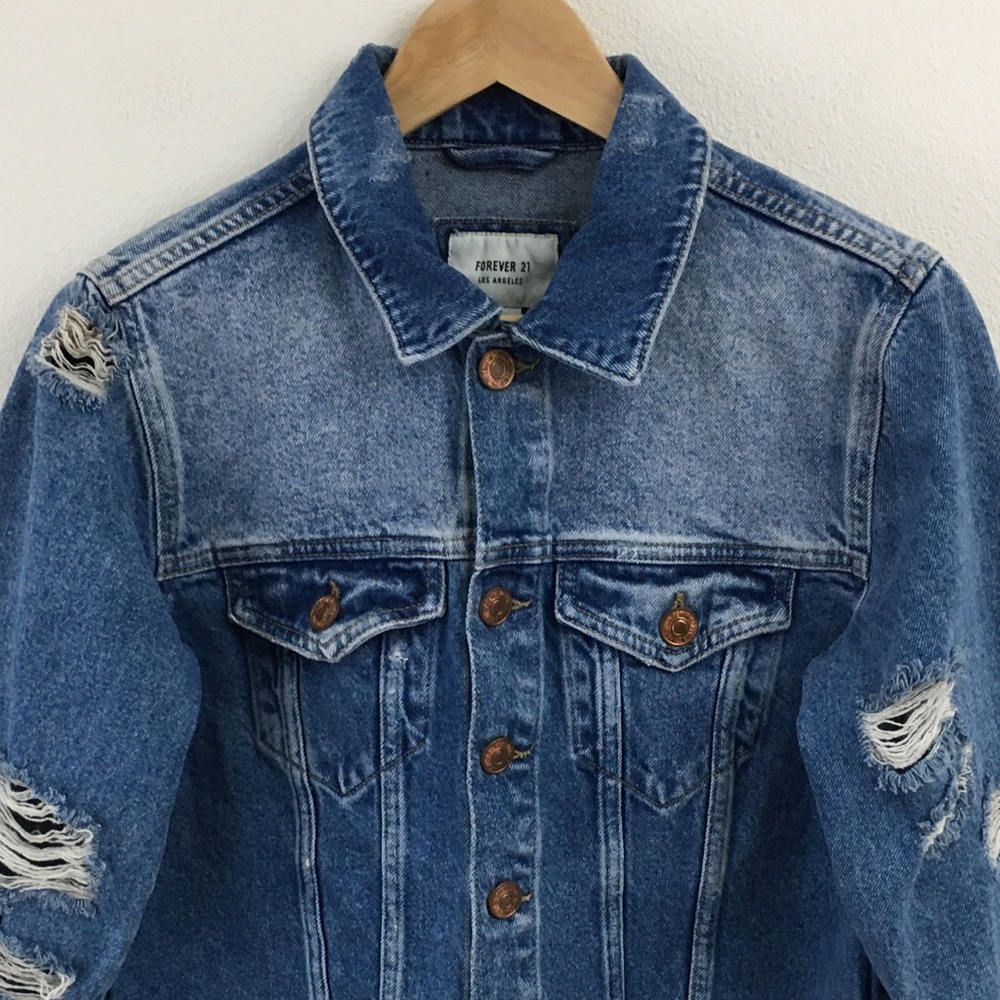 F21 | Distressed Cropped Blue Denim Jean Jacket - Picture 2 of 9
